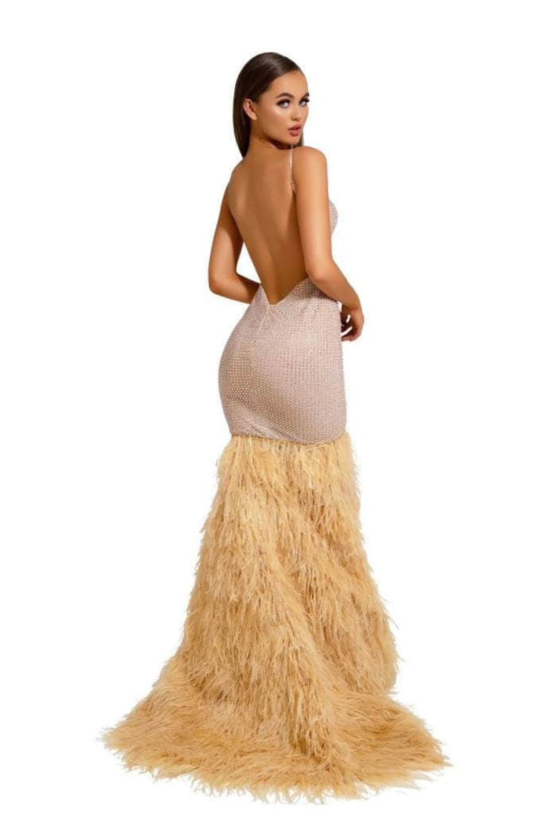 Portia and Scarlett PS6826 -long- V-Neck Feathered Dress