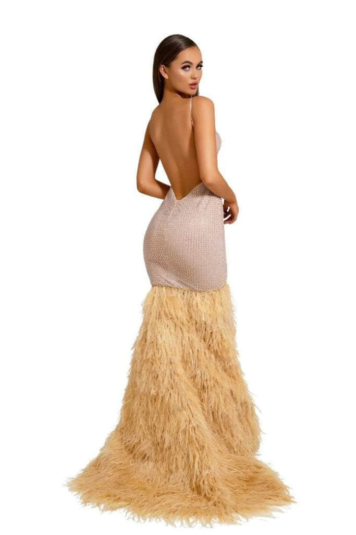 Portia and Scarlett PS6826 -long- V-Neck Feathered Dress