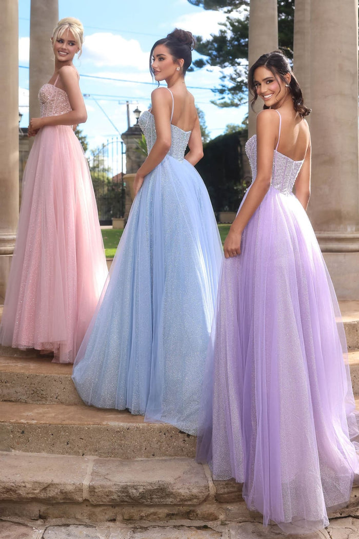 Portia & Scarlett PS25311 Spaghetti Straps A-Line Beaded Glitter Prom Ball Gown