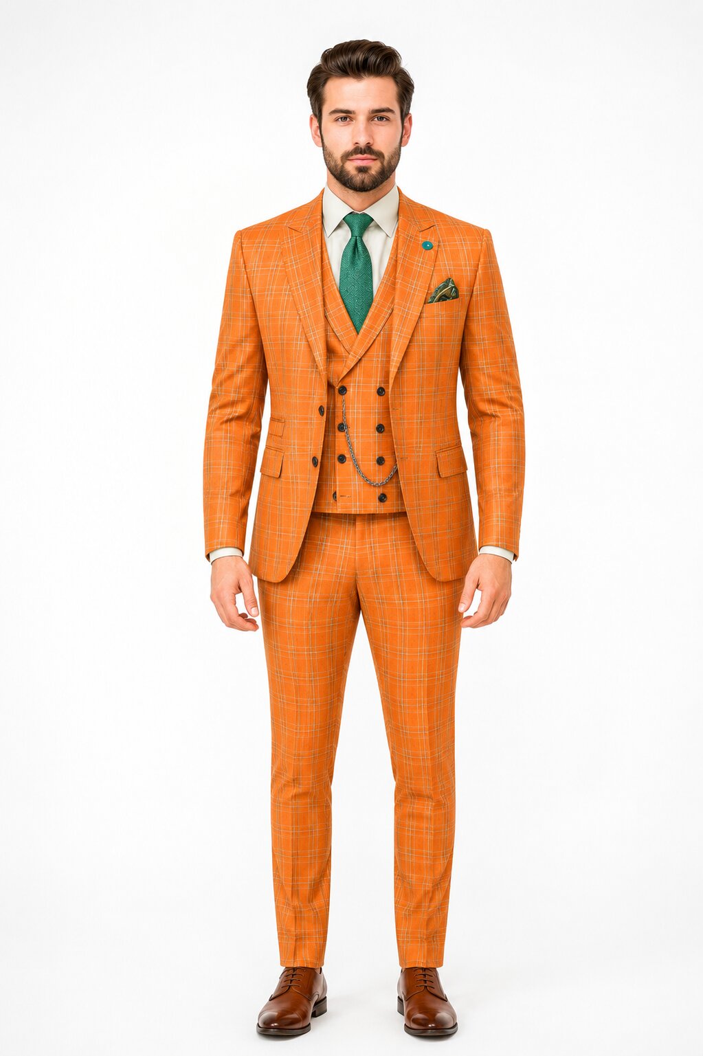 Premium Men’s Orange Plaid Suit with Vest – Wedding & Business