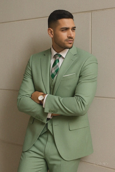 Sage Green Suits - 100% Wool Suit - Light Green Suit Double Breasted V