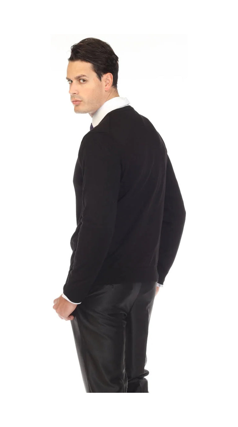 Sam Jacobi Men's Pullover Black Knitted Sweater V-neck Stylish Knitwear Long Sleeve Casual Slim Fit