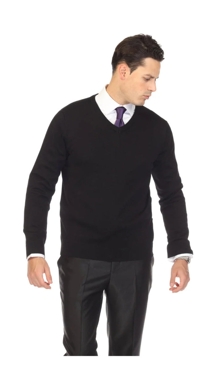 Sam Jacobi Men's Pullover Black Knitted Sweater V-neck Stylish Knitwear Long Sleeve Casual Slim Fit
