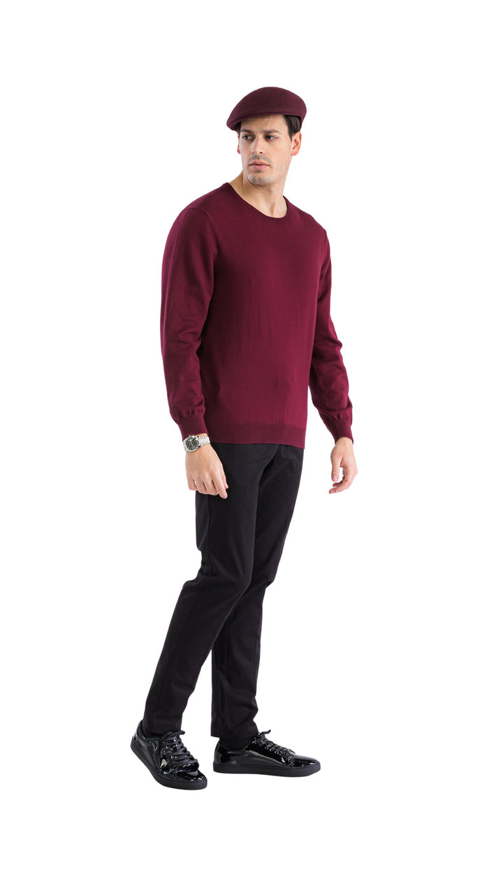 Sam Jacobi Men's Pullover Burgundy Knitted Sweater Crewneck Stylish Knitwear Long Sleeve Casual Slim Fit