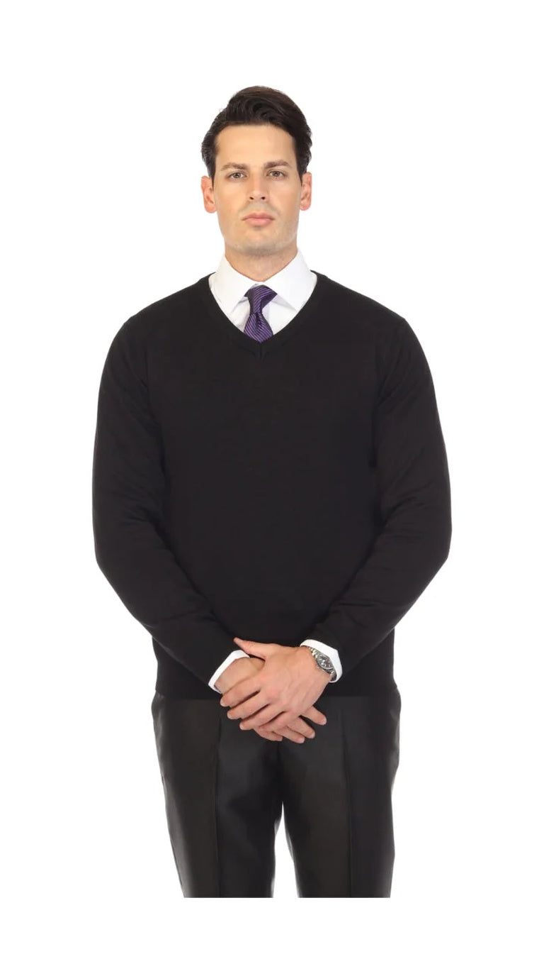 Sam Jacobi Men's Pullover Black Knitted Sweater V-neck Stylish Knitwear Long Sleeve Casual Slim Fit