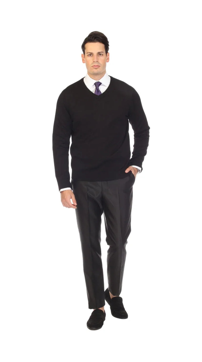 Sam Jacobi Men's Pullover Black Knitted Sweater V-neck Stylish Knitwear Long Sleeve Casual Slim Fit