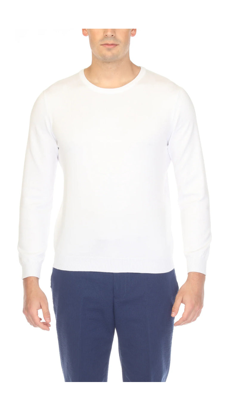 Sam Jacobi Men's Pullover White Knitted Sweater Crewneck Stylish Knitwear Long Sleeve Casual Slim Fit