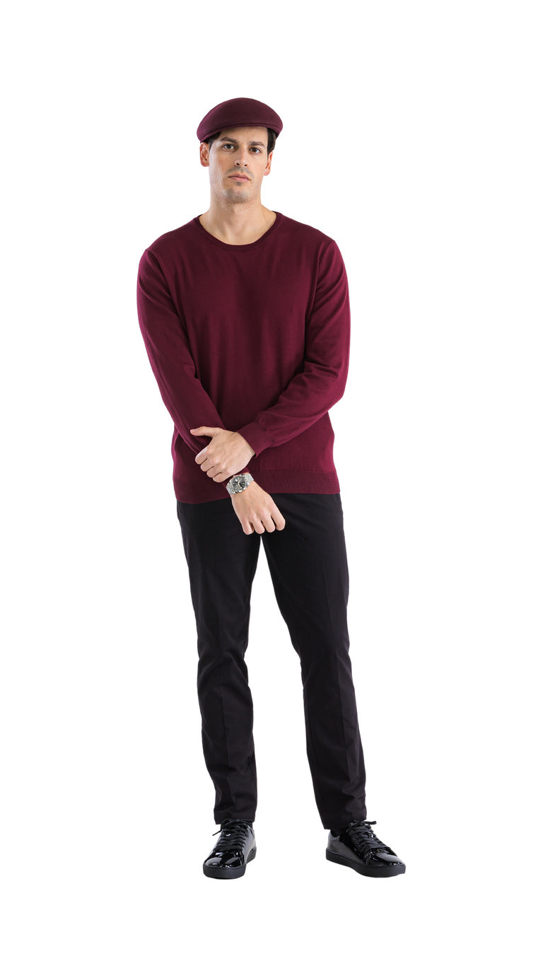 Sam Jacobi Men's Pullover Burgundy Knitted Sweater Crewneck Stylish Knitwear Long Sleeve Casual Slim Fit