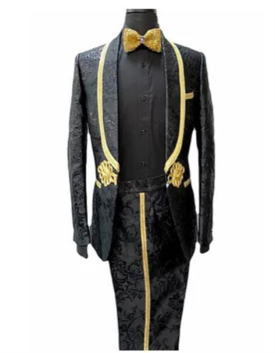 Black and Gold Slim Fit Vested Suit