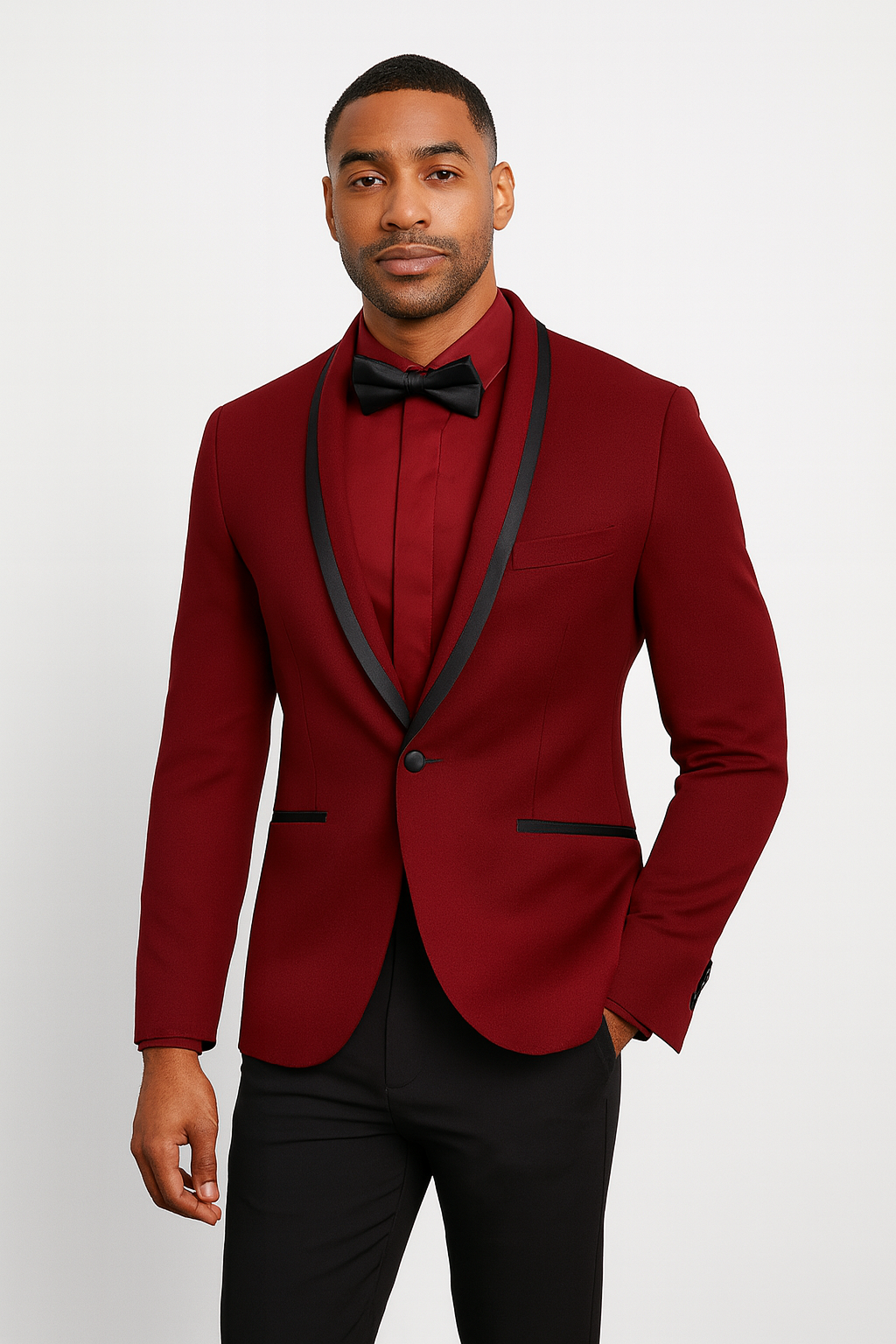 Prom 2026 Wedding Tuxedo Dinner Jacket Burgundy and Black Trim 34 Short or Extra Small