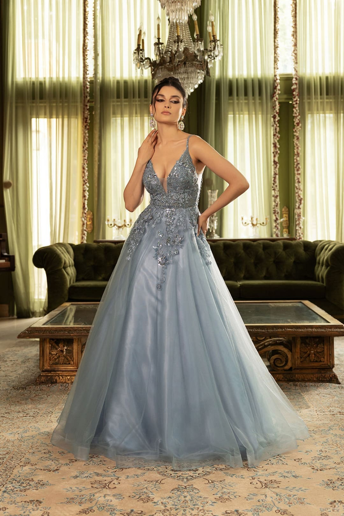 Prom Dress Sleeveless Plunging Neck Gala Gown By May Queen MQ2135