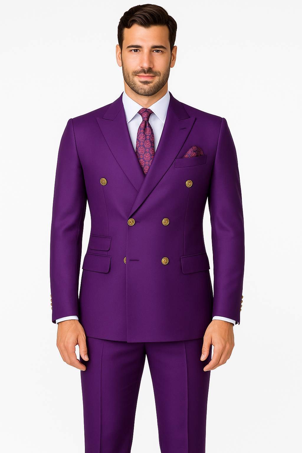 Double Breasted Wool Suit with Gold Buttons - Purple