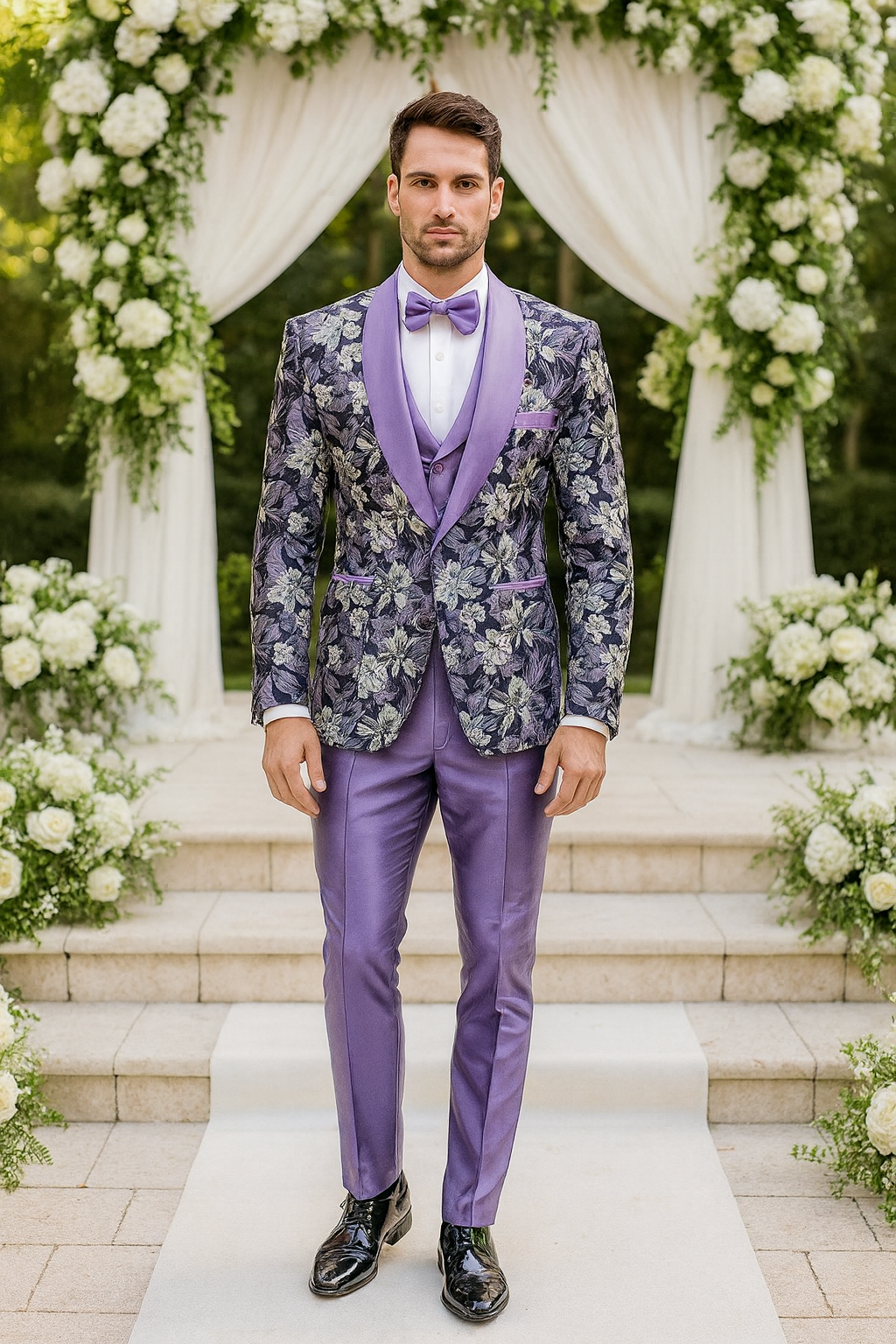 Purple Floral Tuxedo Set with Shawl Lapel – Wedding & Prom
