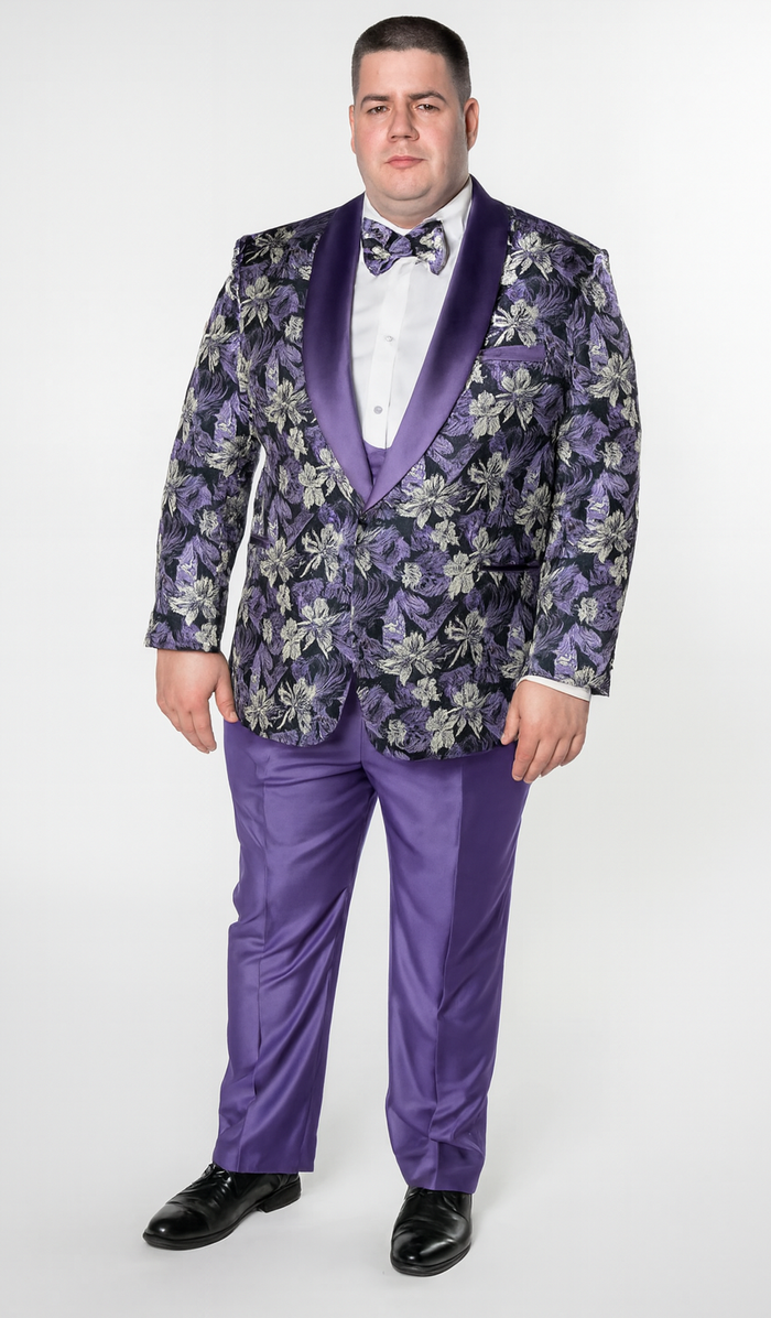 Purple Floral Tuxedo Set with Shawl Lapel – Wedding & Prom
