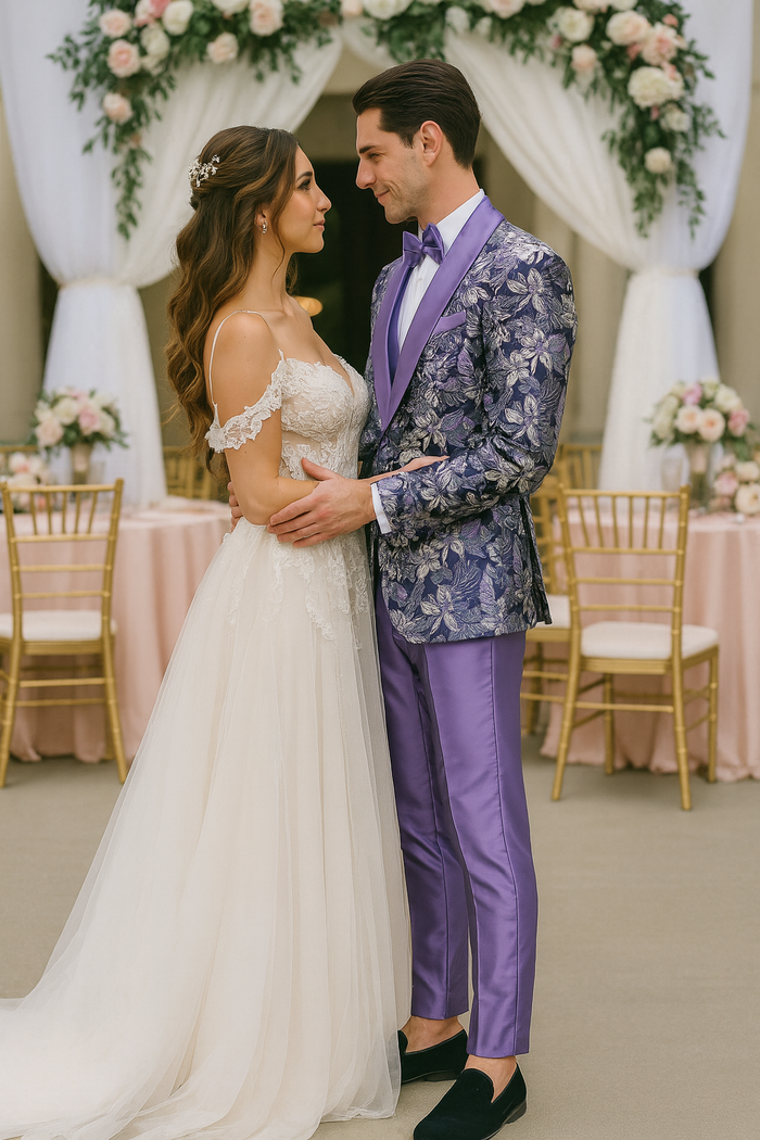 Purple Floral Tuxedo Set with Shawl Lapel – Wedding & Prom