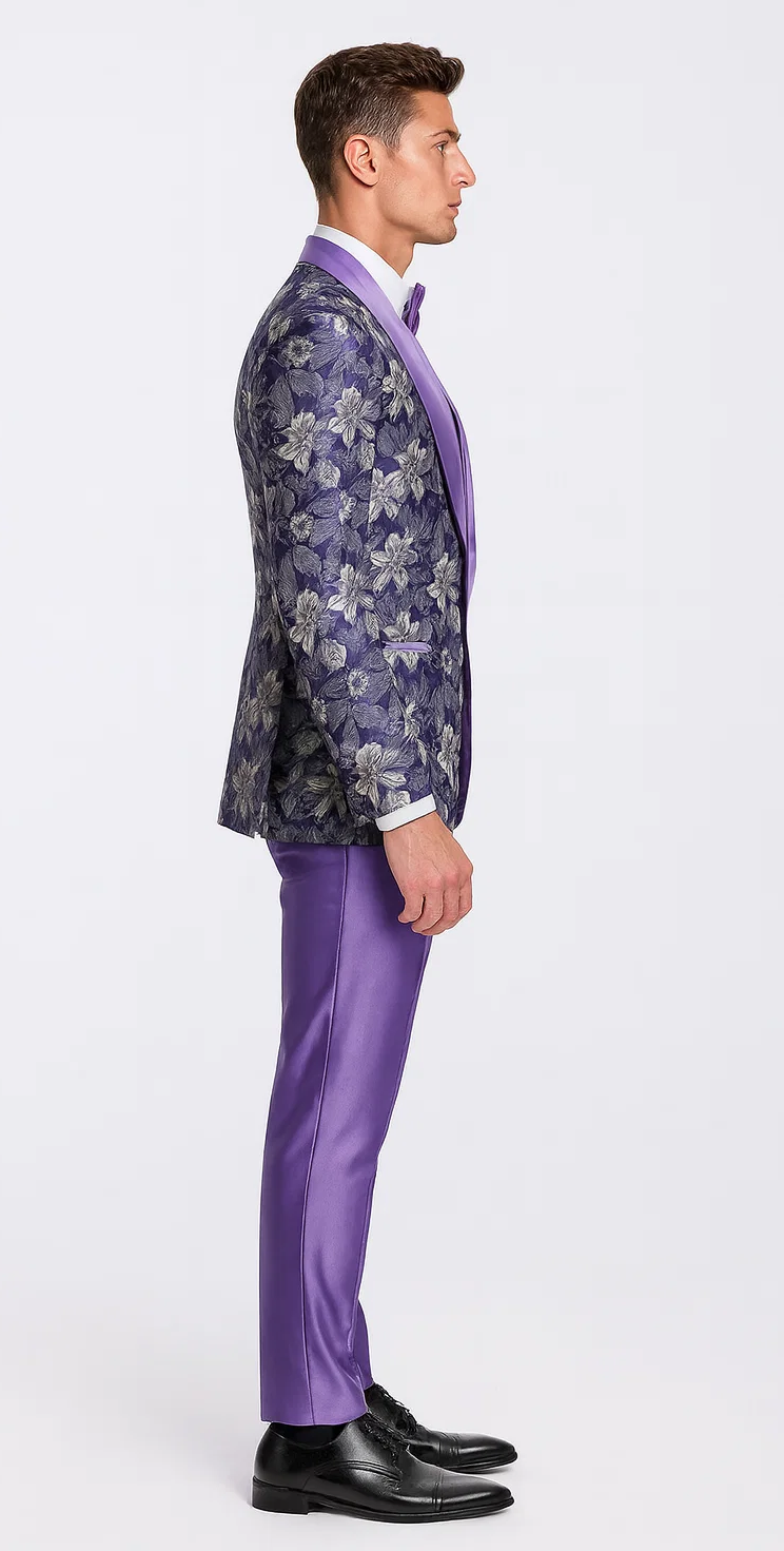 Purple Floral Tuxedo Set with Shawl Lapel – Wedding & Prom