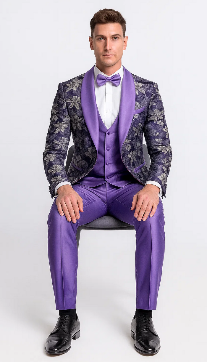 Purple Floral Tuxedo Set with Shawl Lapel – Wedding & Prom