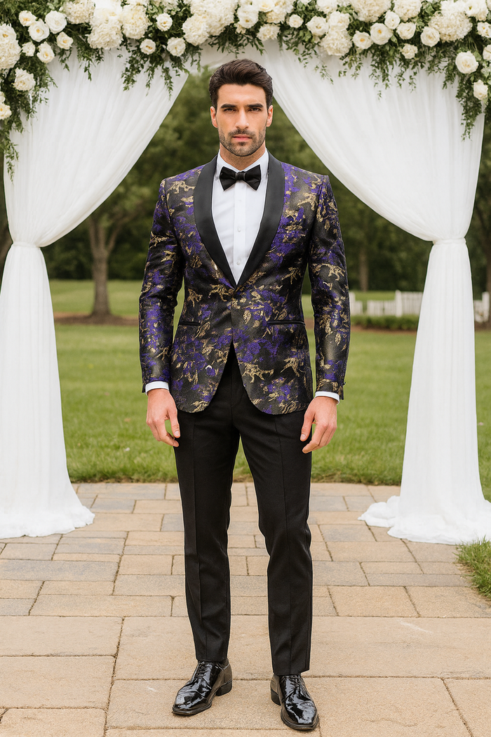Purple and Gold Tuxedo Jacket with Shawl Lapel – Wedding & Prom