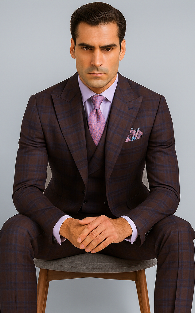 Purple Modern Fit Windowpane Peak Lapel 3 Piece Suit