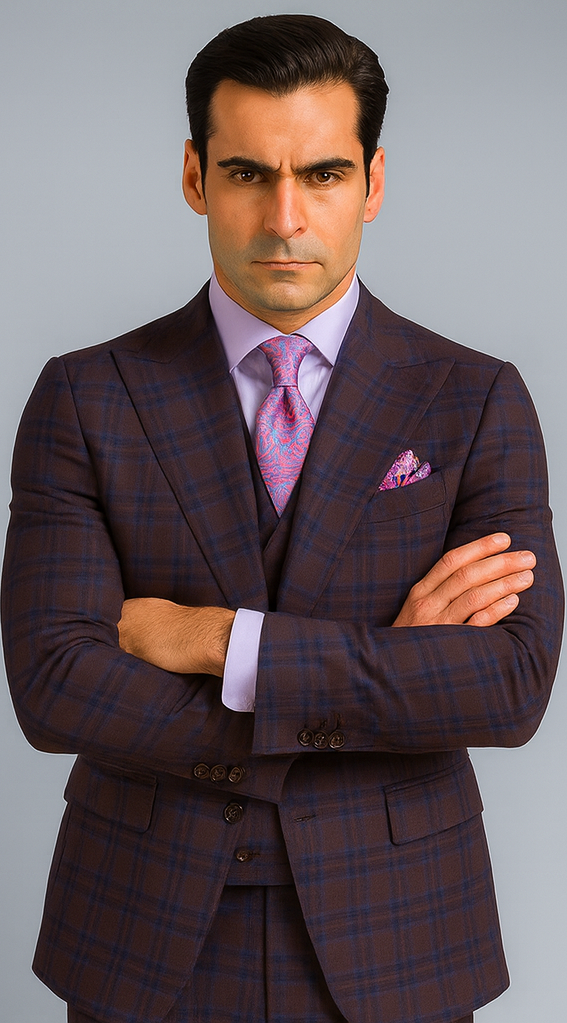 Purple Modern Fit Windowpane Peak Lapel 3 Piece Suit