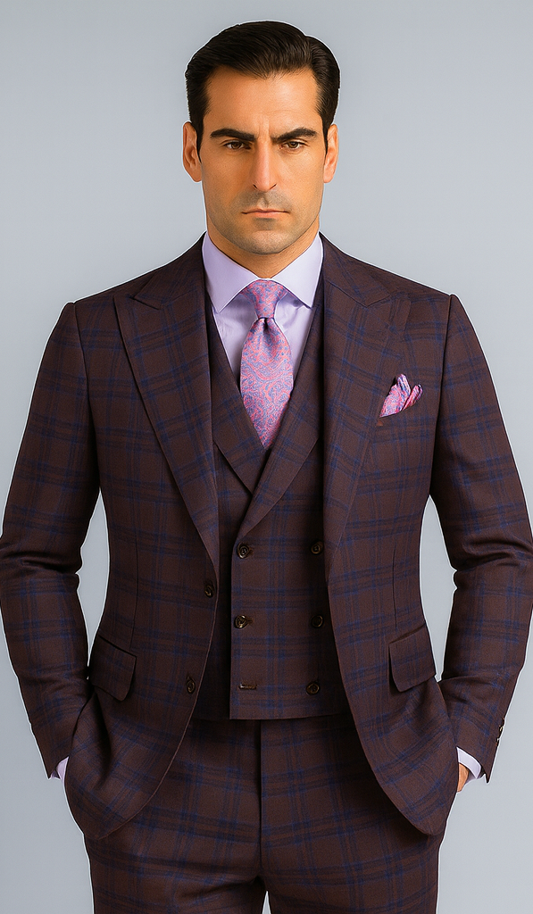 Purple Modern Fit Windowpane Peak Lapel 3 Piece Suit