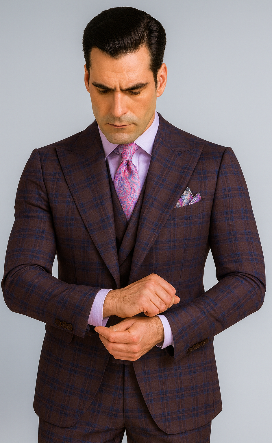 Purple Modern Fit Windowpane Peak Lapel 3 Piece Suit
