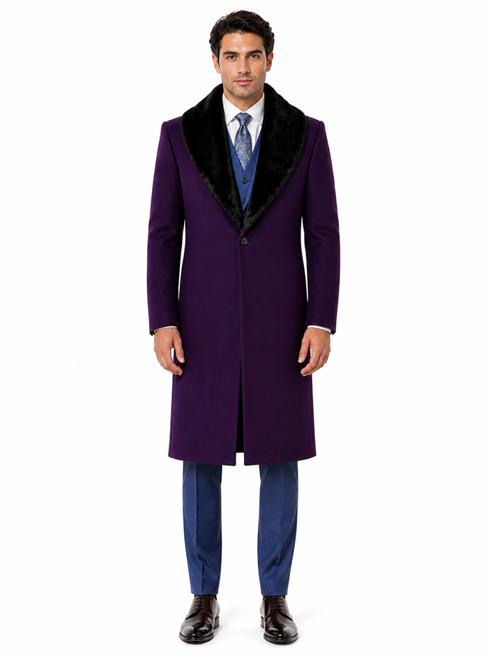 Purple Wool Overcoat with Fur Collar for Men