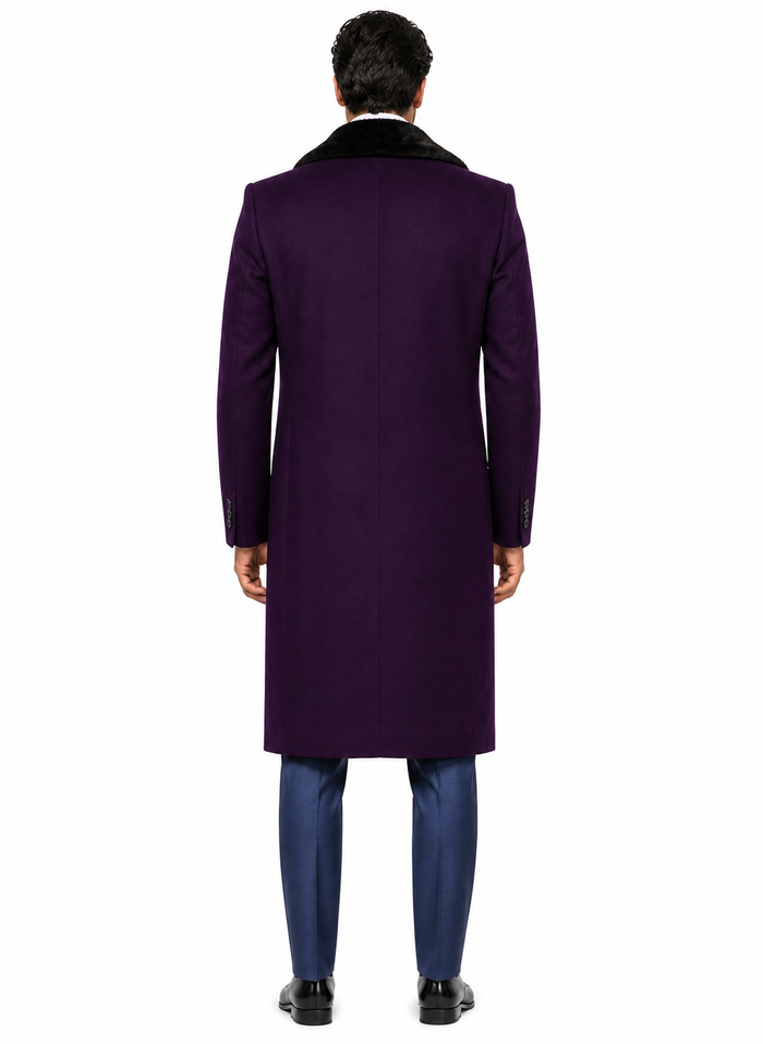 Purple Wool Overcoat with Fur Collar for Men
