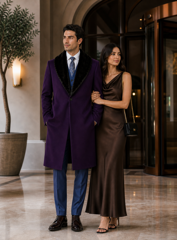 Purple Wool Overcoat with Fur Collar for Men
