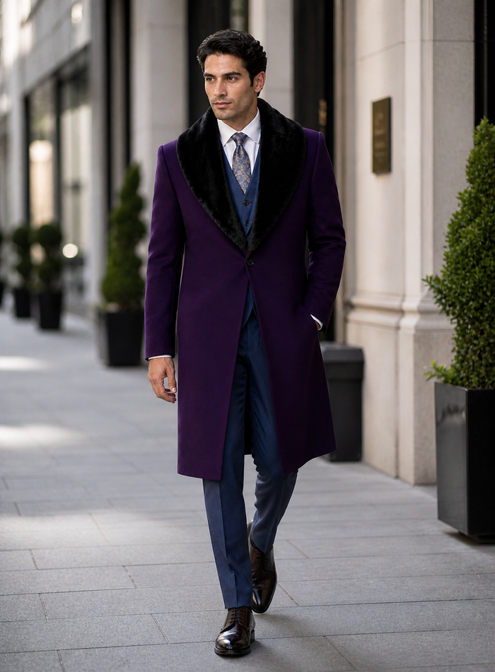 Purple Wool Overcoat with Fur Collar for Men