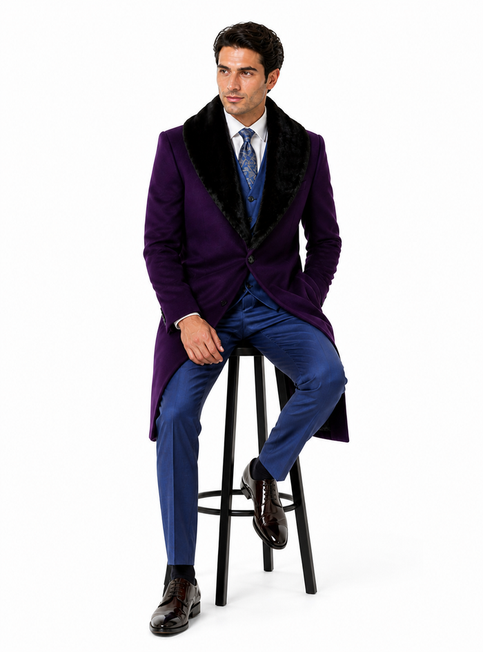 Purple Wool Overcoat with Fur Collar for Men
