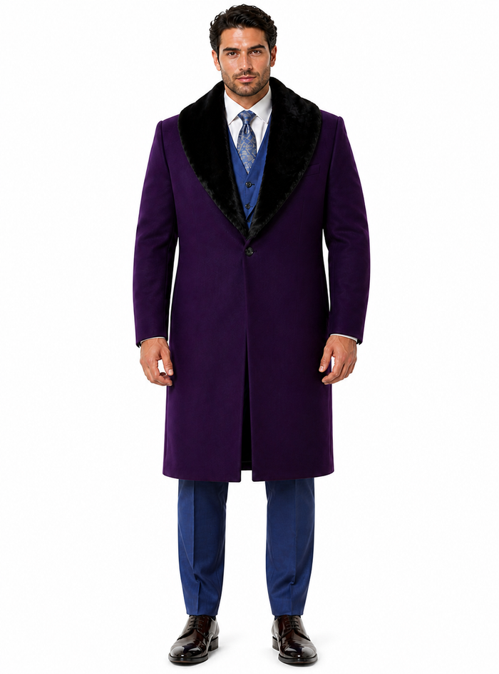 Purple Wool Overcoat with Fur Collar for Men