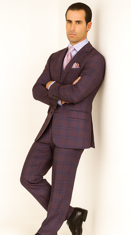 Purple Plaid Suit - Vested Suit - 3 Piece Suits - Peak Lapel Suits - Windowpane Suit - 2 Button