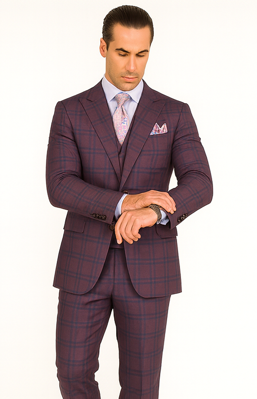 Purple Plaid Suit - Vested Suit - 3 Piece Suits - Peak Lapel Suits - Windowpane Suit - 2 Button