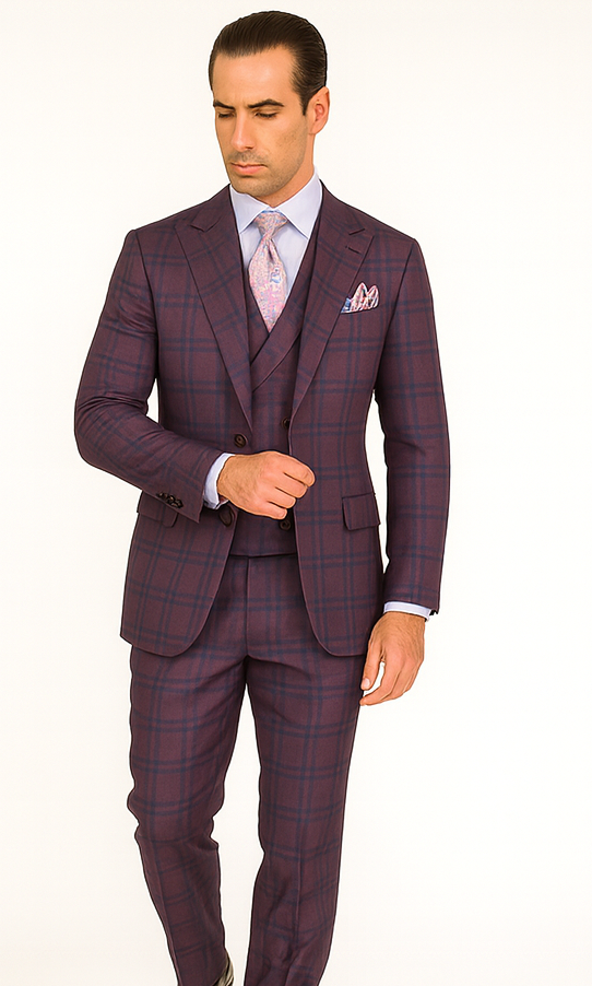 Purple Plaid Suit - Vested Suit - 3 Piece Suits - Peak Lapel Suits - Windowpane Suit - 2 Button