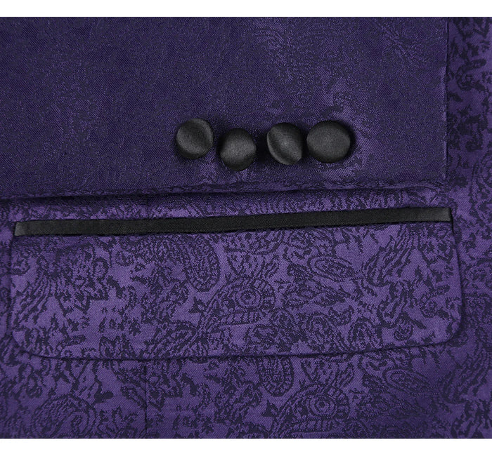 Men's Purple Slim Fit Peak Lapel Tuxedo Blazer With Embroidered Pattern