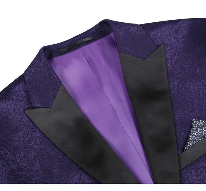 Men's Purple Slim Fit Peak Lapel Tuxedo Blazer With Embroidered Pattern