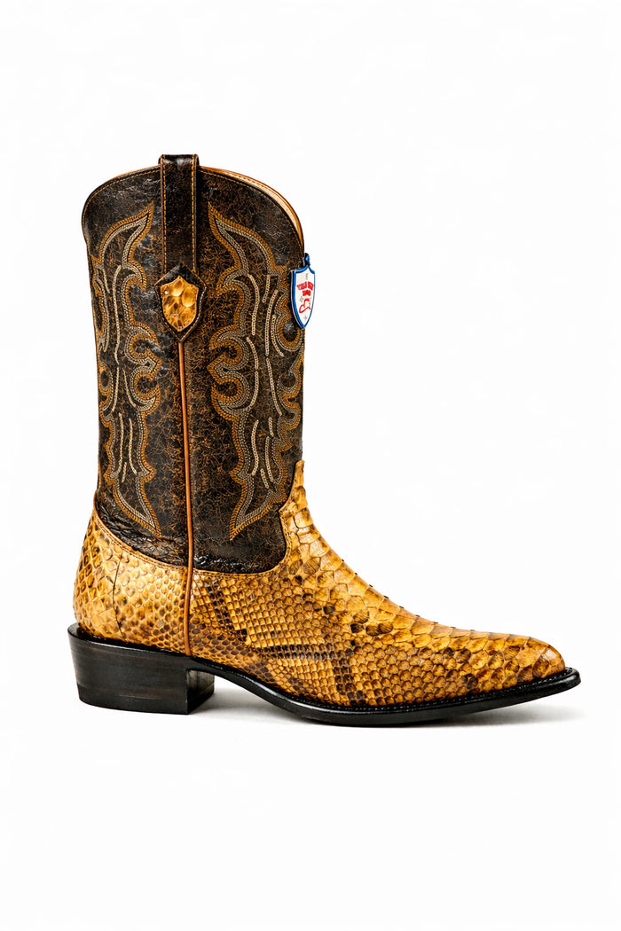 Python Skin Yellow Gold J Toe Boots for Men