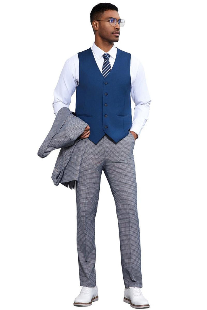 Stacy Adams Light Blue Vested Micro Check Suit
