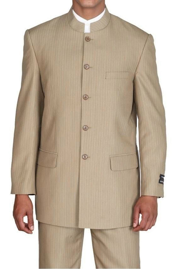 Mens 5 Button Pinstripe Mandarin Collar Suit in Tan