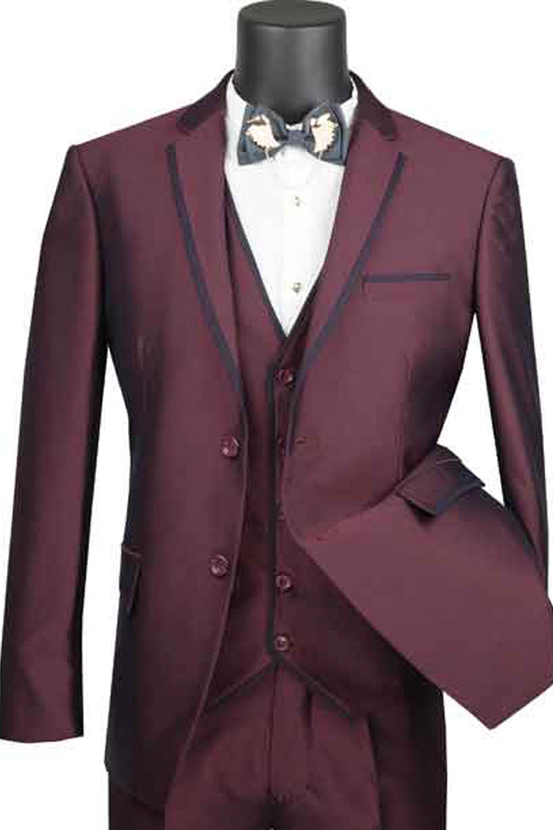 Ultra Slim Burgundy Vested Suit with Trim