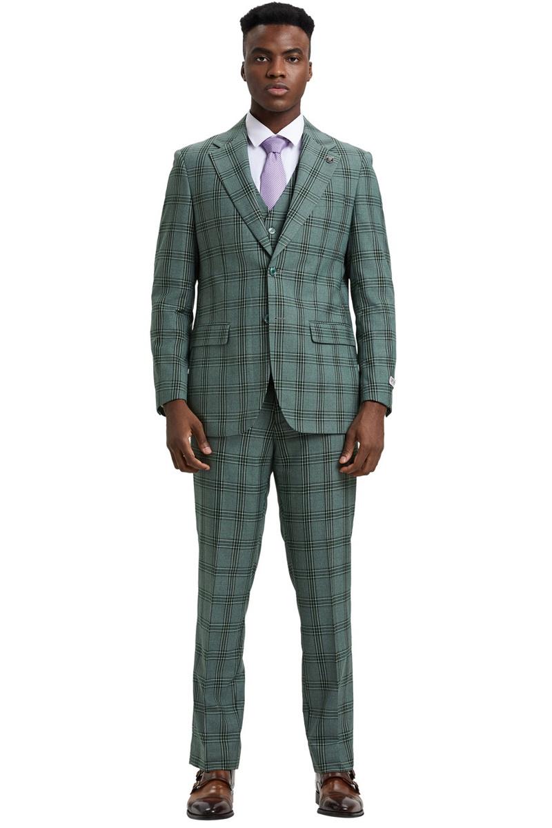 Stacy Adams Glen Plaid Vested Suit, Light Olive Green