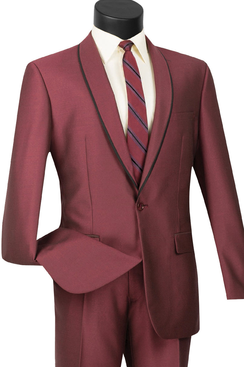 Shawl Burgundy Tuxedo with Trim - One Button Mens Suit