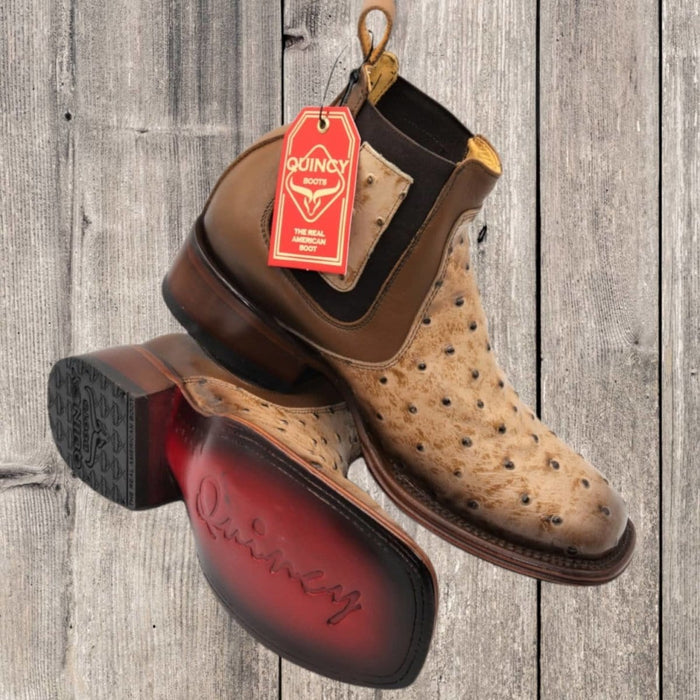 Quincy Ostrich Print Leather Square Toe Boots