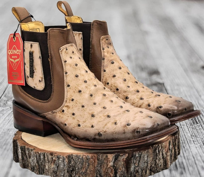 Quincy Ostrich Print Leather Square Toe Boots