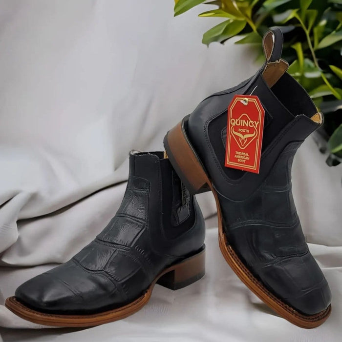 Caiman Belly Print Leather Square Toe Boots