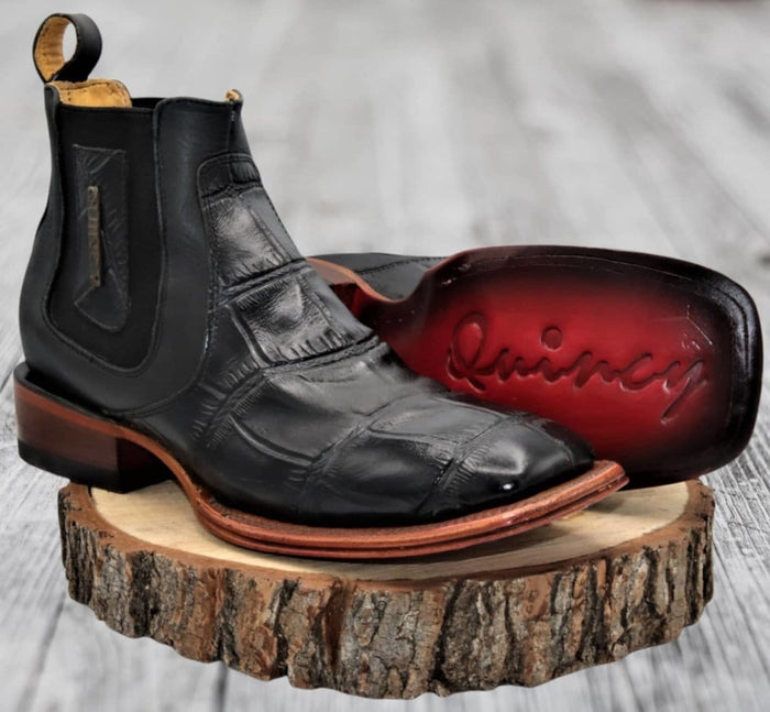 Caiman Belly Print Leather Square Toe Boots