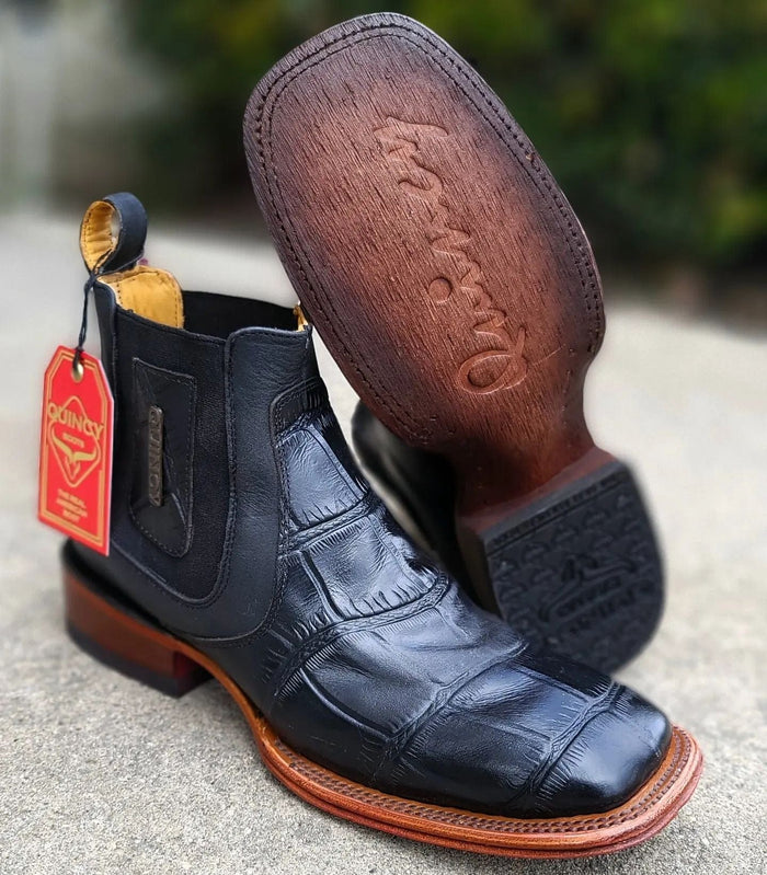 Caiman Belly Print Leather Square Toe Boots