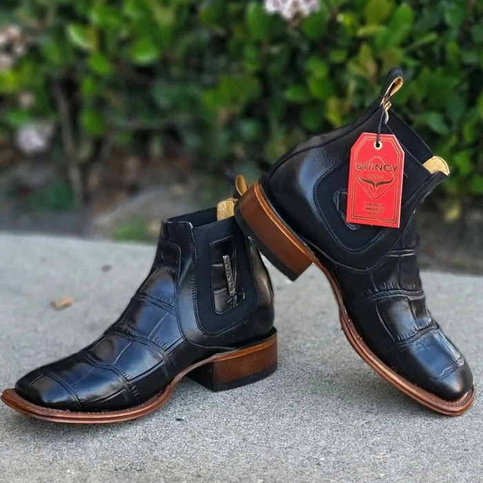Caiman Belly Print Leather Square Toe Boots