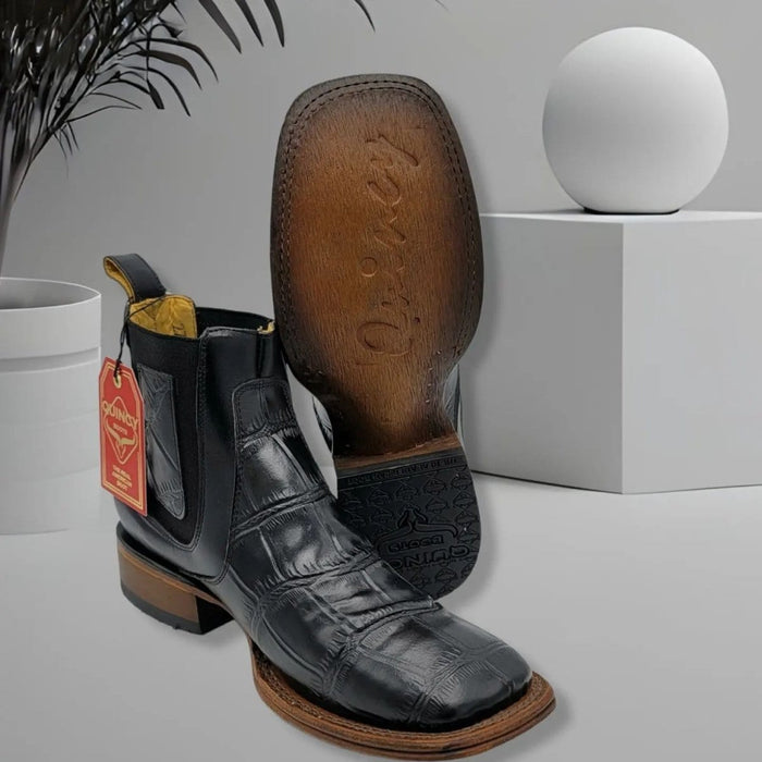 Caiman Belly Print Leather Square Toe Boots